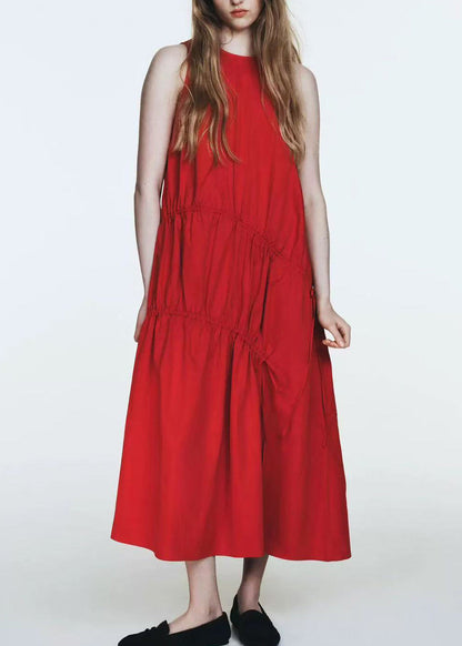 Italian Red Wrinkled Drawstring Cotton Long Dresses Summer