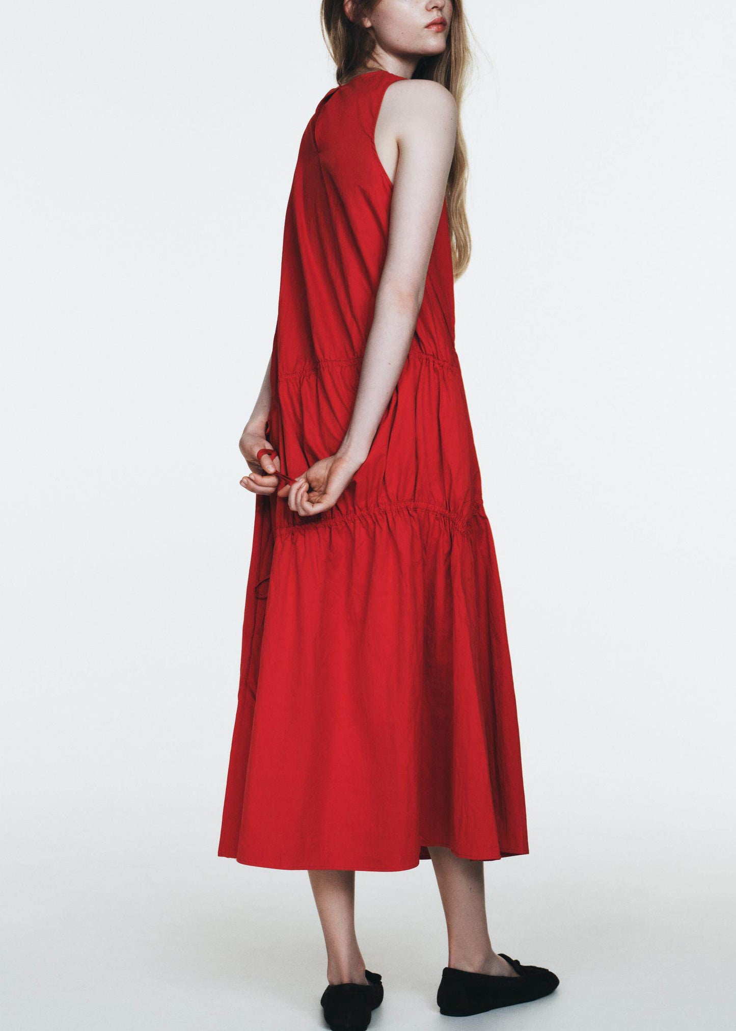 Italian Red Wrinkled Drawstring Cotton Long Dresses Summer