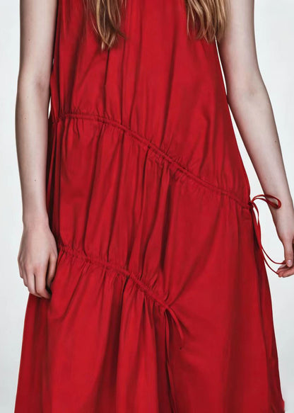 Italian Red Wrinkled Drawstring Cotton Long Dresses Summer