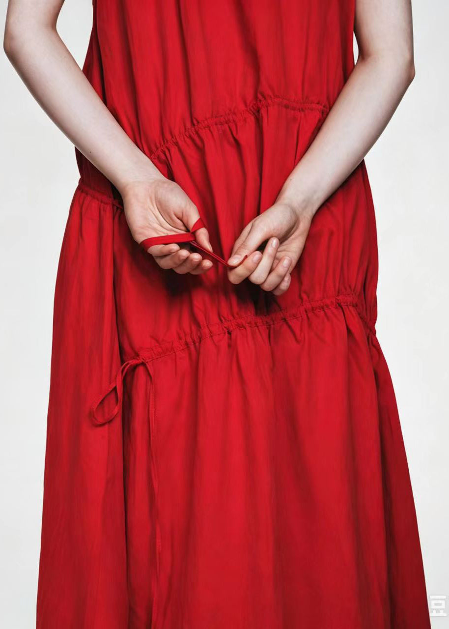 Italian Red Wrinkled Drawstring Cotton Long Dresses Summer