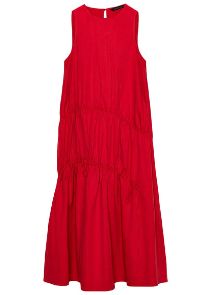 Italian Red Wrinkled Drawstring Cotton Long Dresses Summer