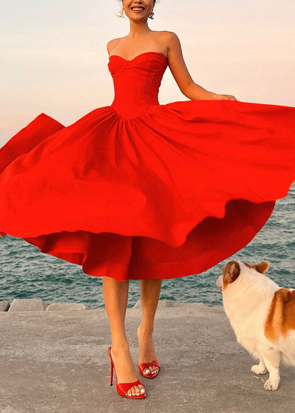 Italian Red Wrinkled Patchwork Cotton Strapless Dress Summer