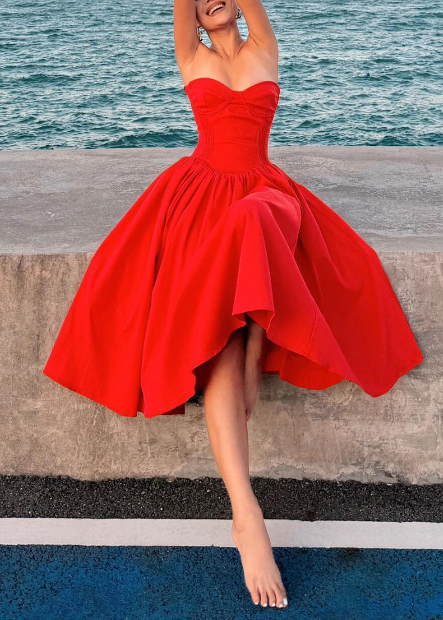 Italian Red Wrinkled Patchwork Cotton Strapless Dress Summer