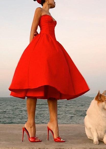 Italian Red Wrinkled Patchwork Cotton Strapless Dress Summer