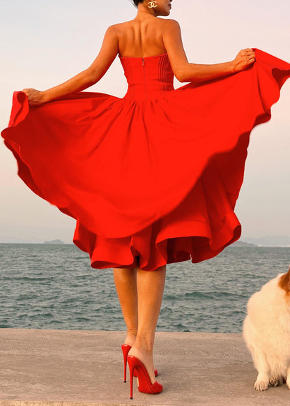 Italian Red Wrinkled Patchwork Cotton Strapless Dress Summer