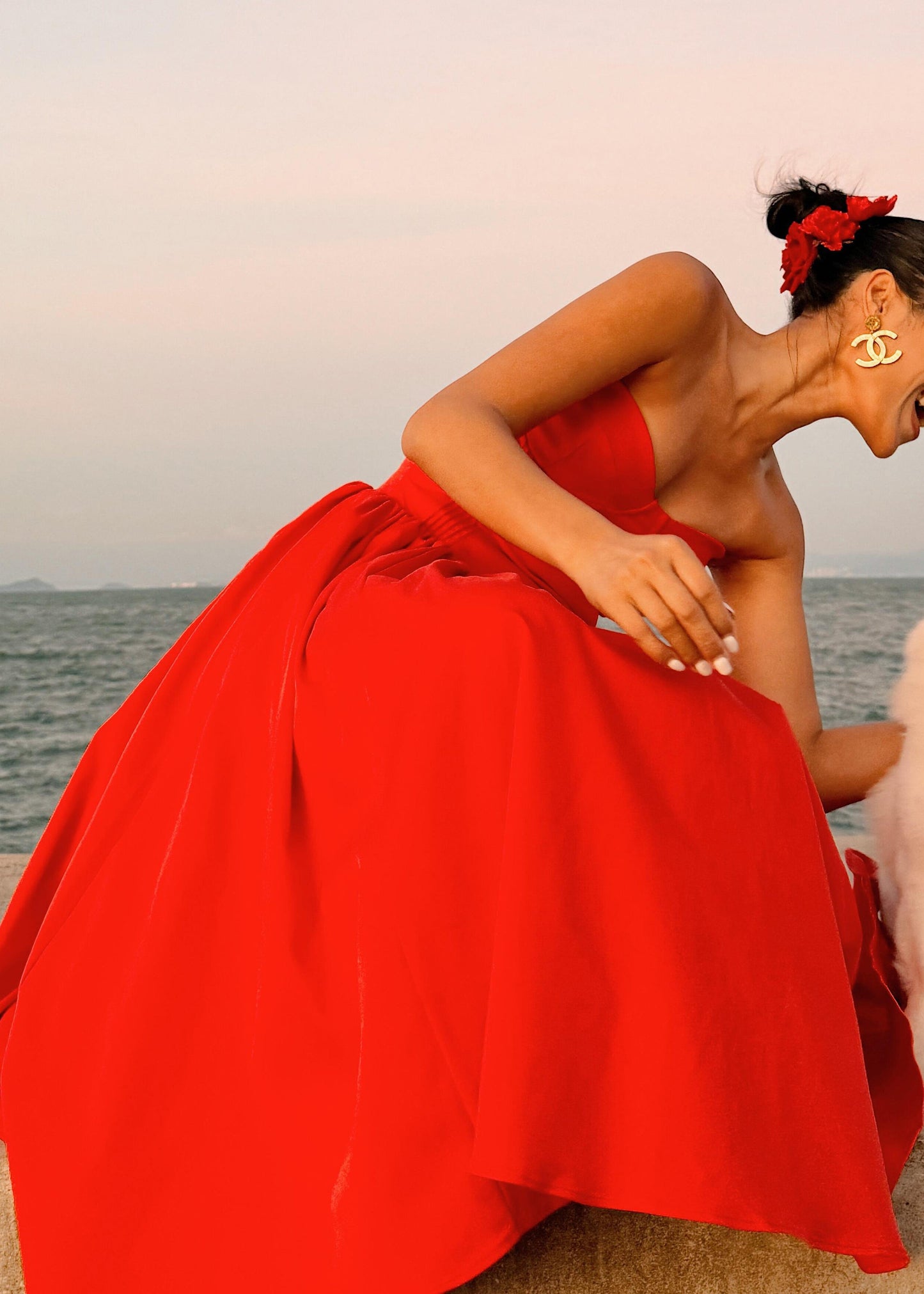 Italian Red Wrinkled Patchwork Cotton Strapless Dress Summer