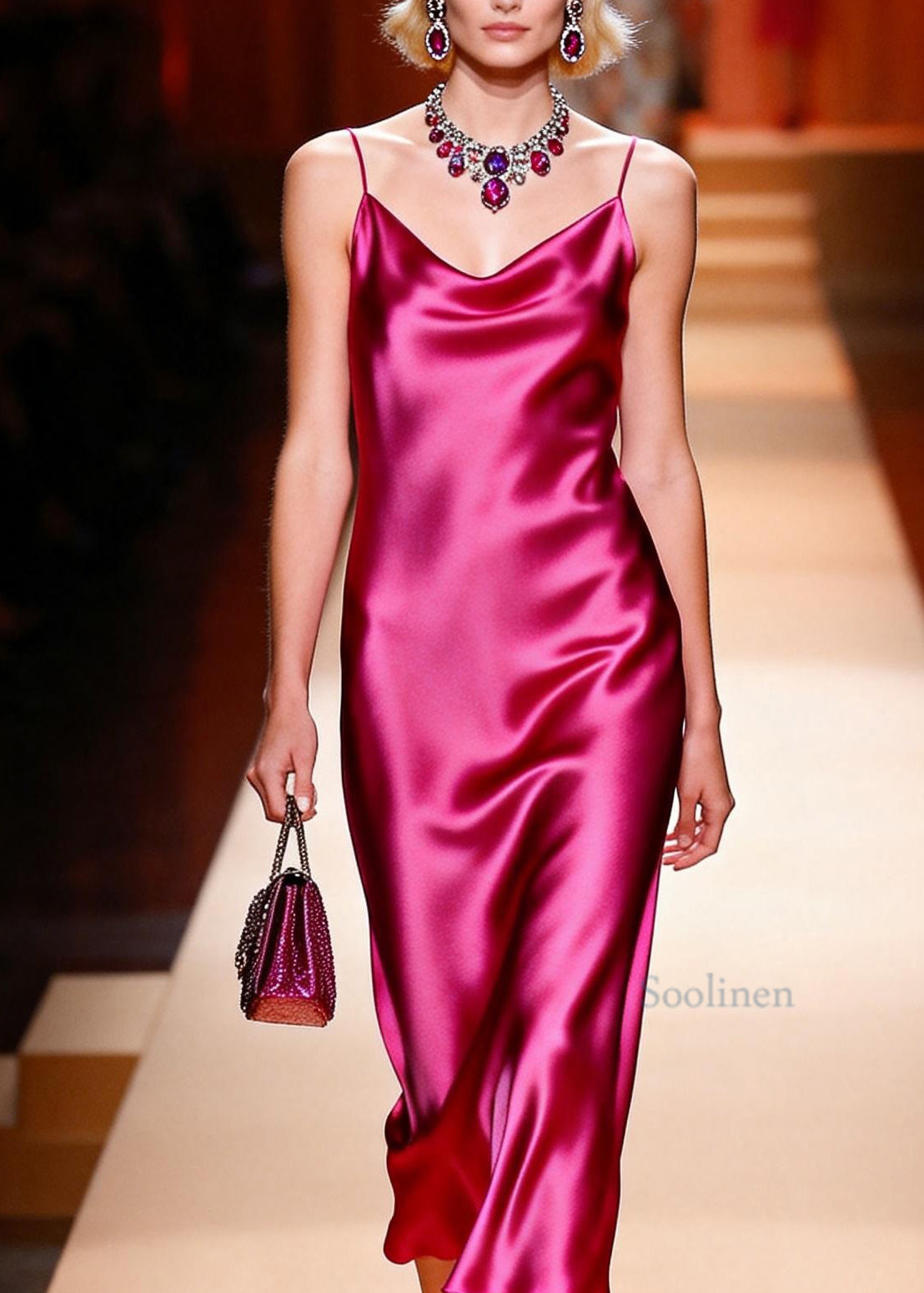 Italian Rose Draping Silk Spaghetti Strap Dress Summer