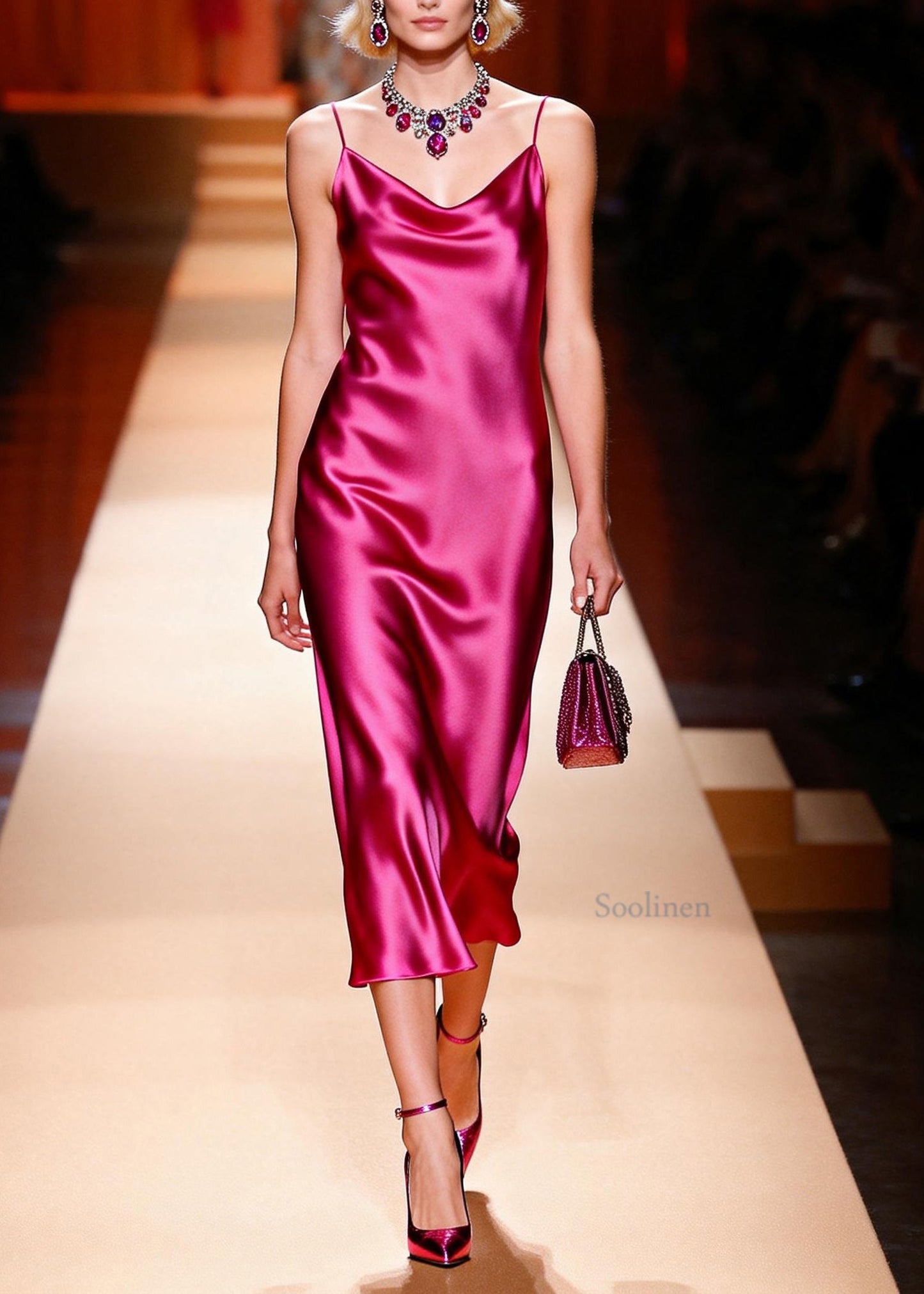 Italian Rose Draping Silk Spaghetti Strap Dress Summer