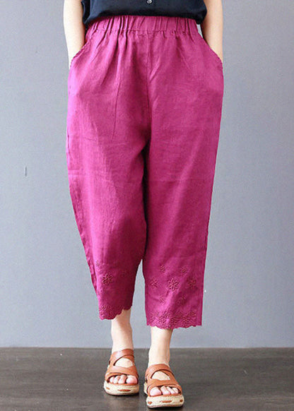 Italienische Leinenhose mit bestickten Taschen und Rosenmotiv, Frühling