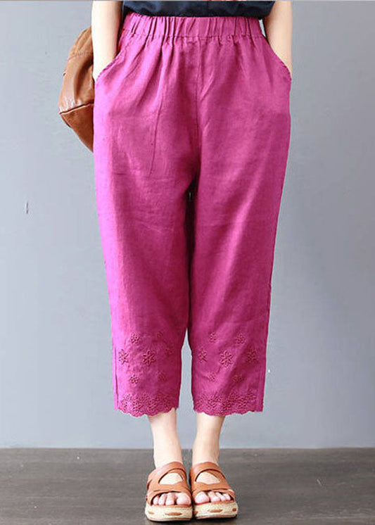Italienische Leinenhose mit bestickten Taschen und Rosenmotiv, Frühling