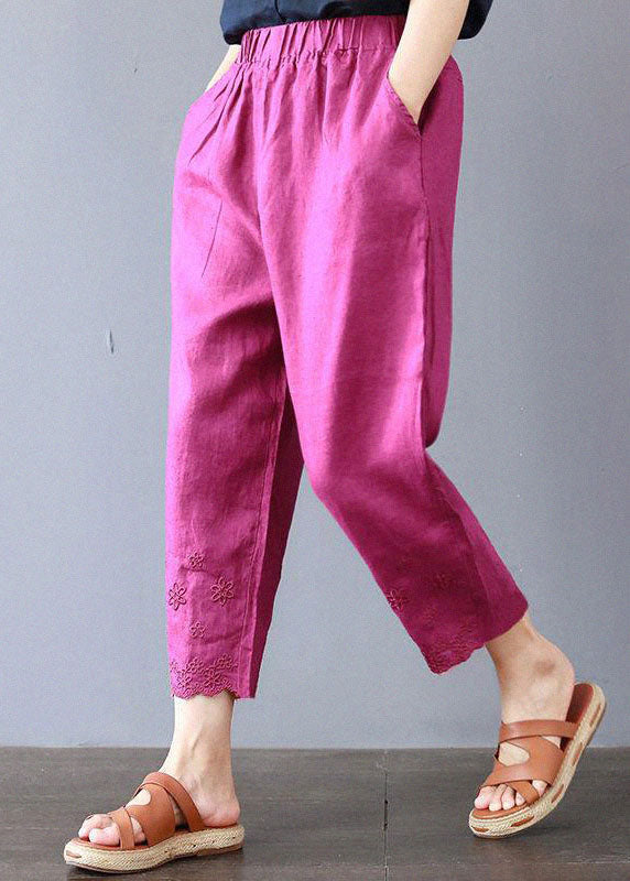 Italienische Leinenhose mit bestickten Taschen und Rosenmotiv, Frühling