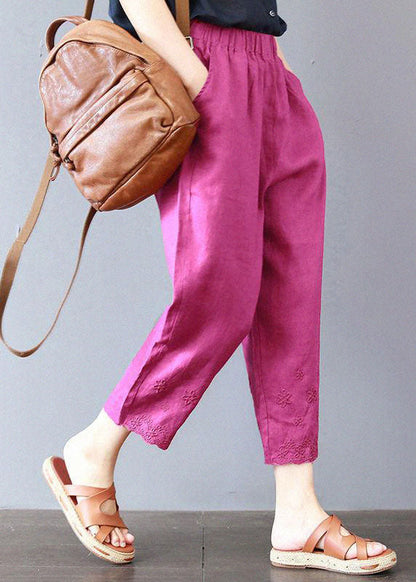 Italienische Leinenhose mit bestickten Taschen und Rosenmotiv, Frühling
