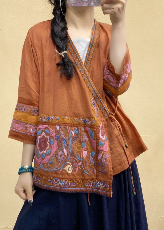 Italienische Rose bestickte Leinenhemden mit Bindegürtel Frühling