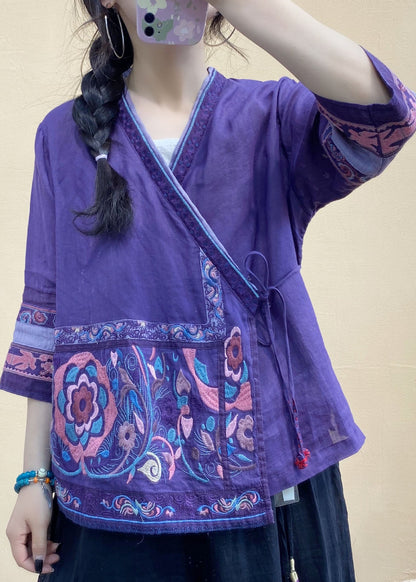 Italienische Rose bestickte Leinenhemden mit Bindegürtel Frühling