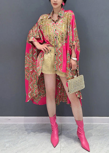 Italian Rose Sequins Low High Design Patchwork Shirts Batwing Sleeve