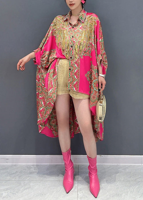Italian Rose Sequins Low High Design Patchwork Shirts Batwing Sleeve