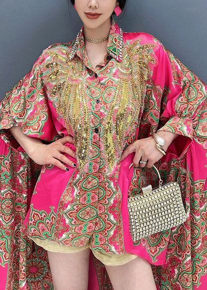 Italian Rose Sequins Low High Design Patchwork Shirts Batwing Sleeve