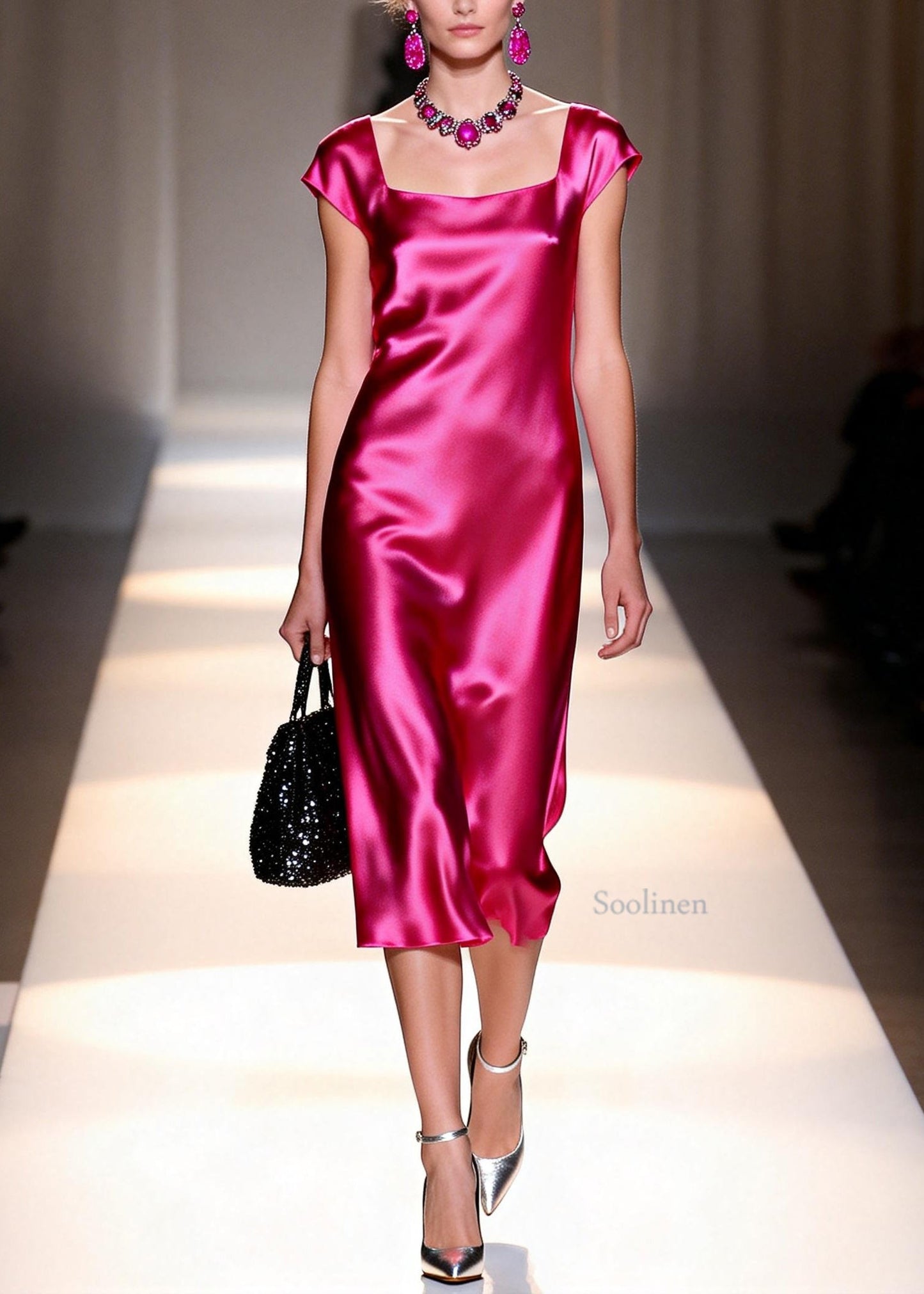 Italian Rose Square Collar Silk Draping Dress Summer