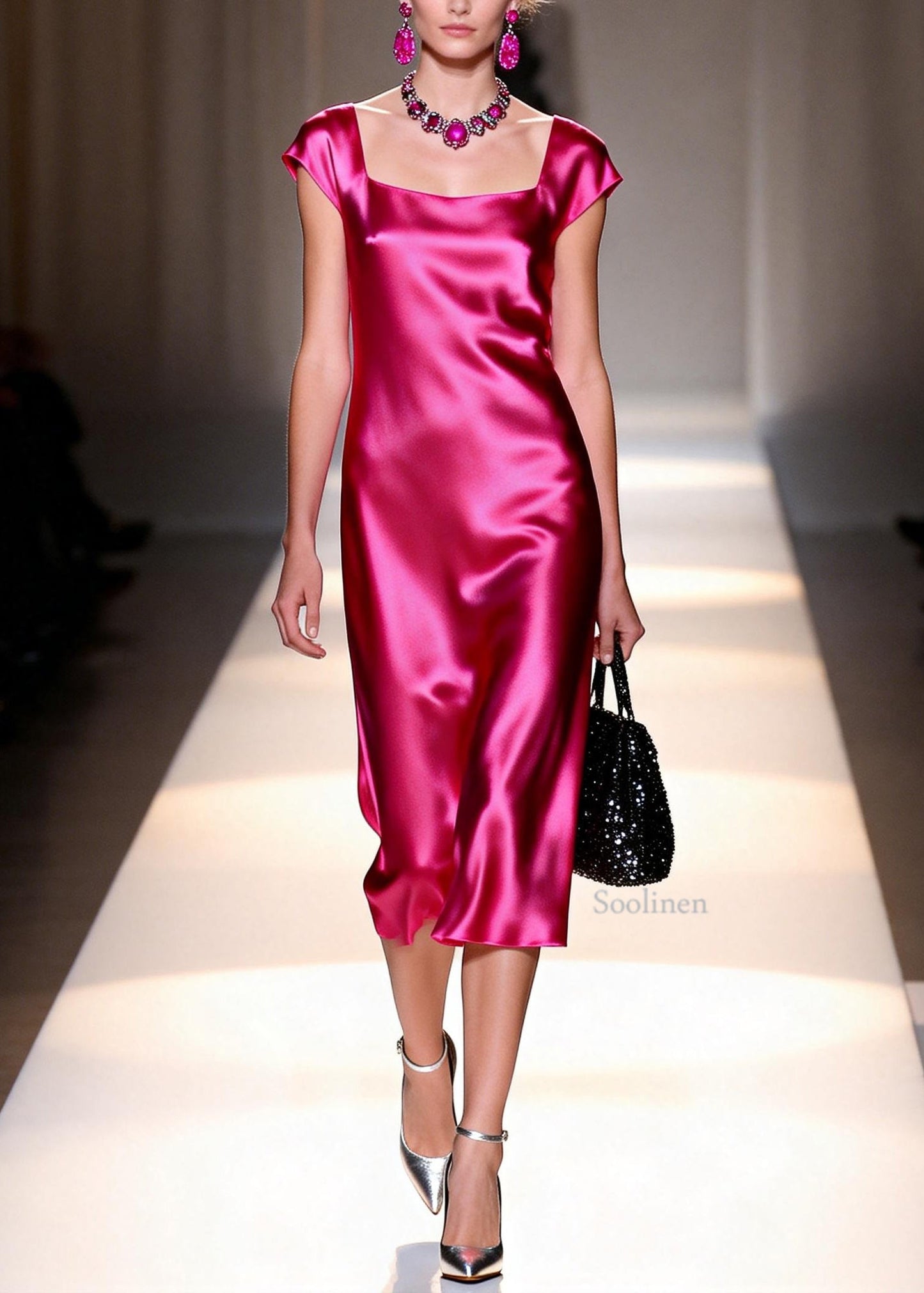 Italian Rose Square Collar Silk Draping Dress Summer