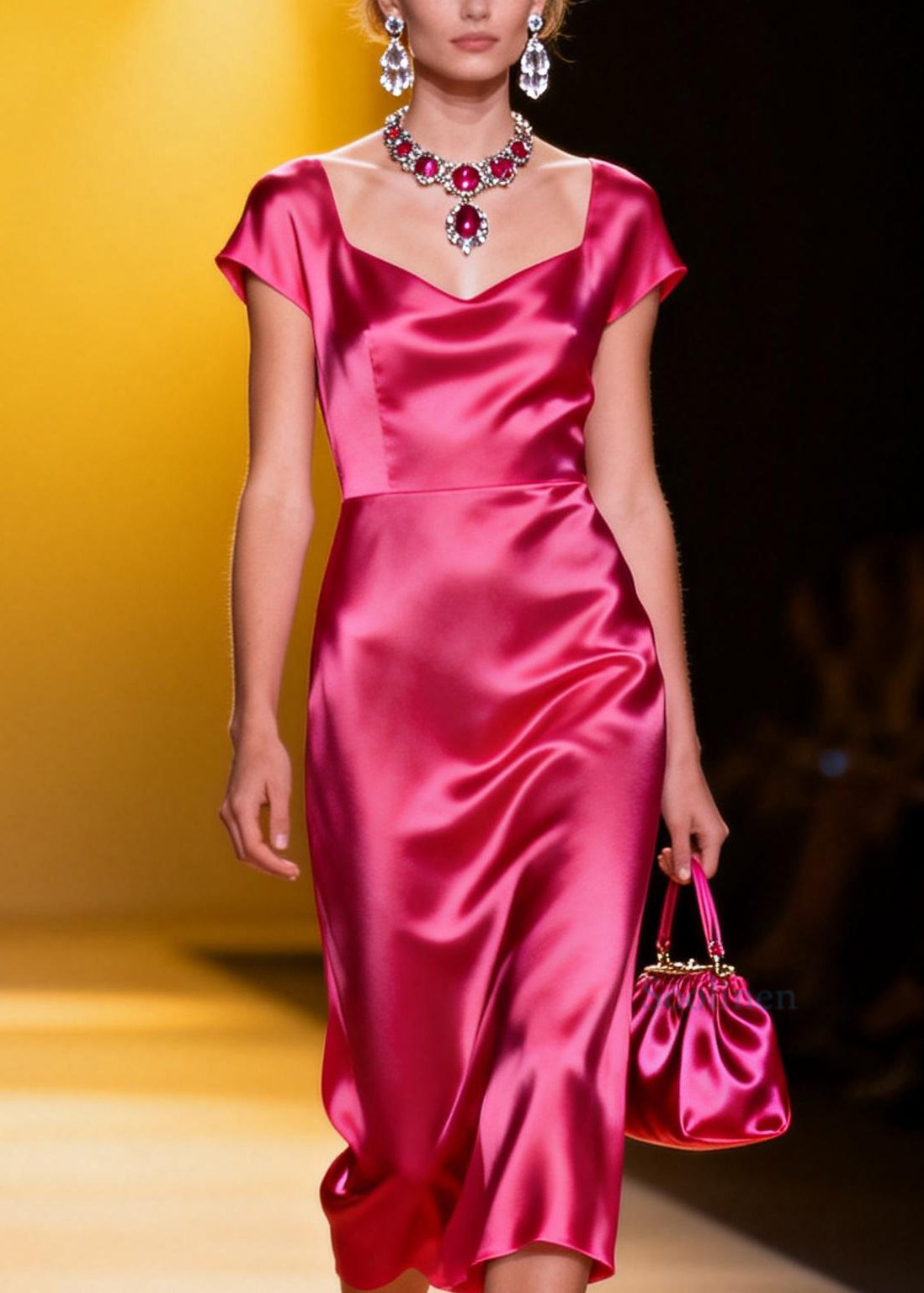Italian Rose V Neck Patchwork Draping Silk Dresses Summer