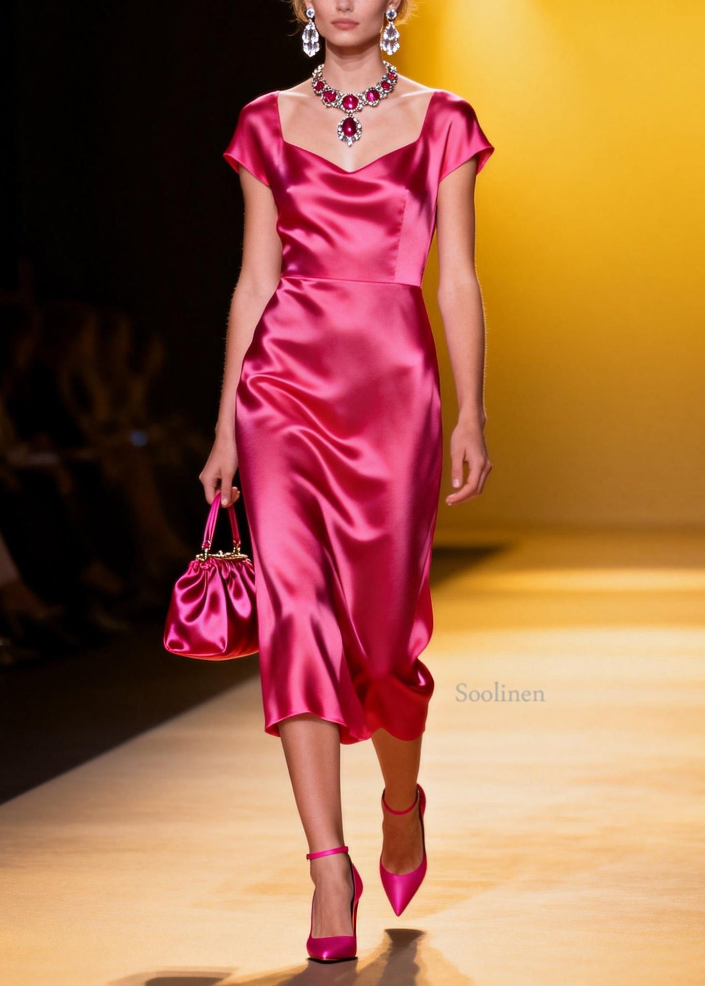 Italian Rose V Neck Patchwork Draping Silk Dresses Summer