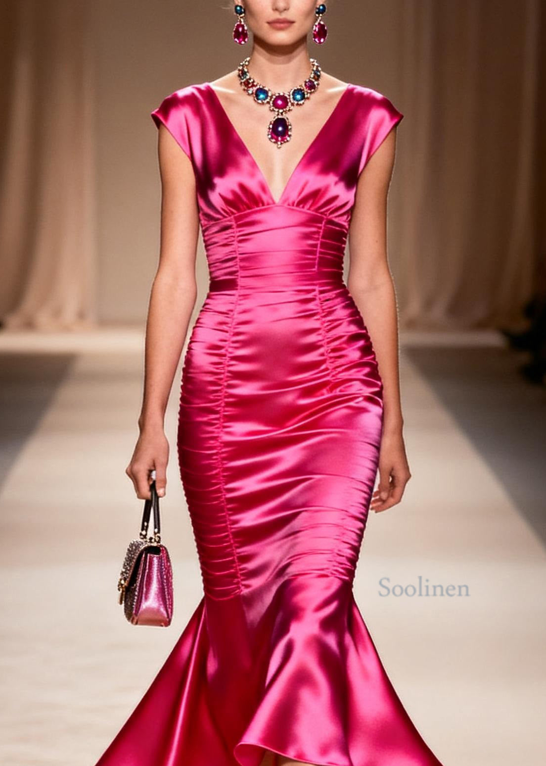 Italian Rose V Neck Ruffled Patchwork Silk Dresses Summer