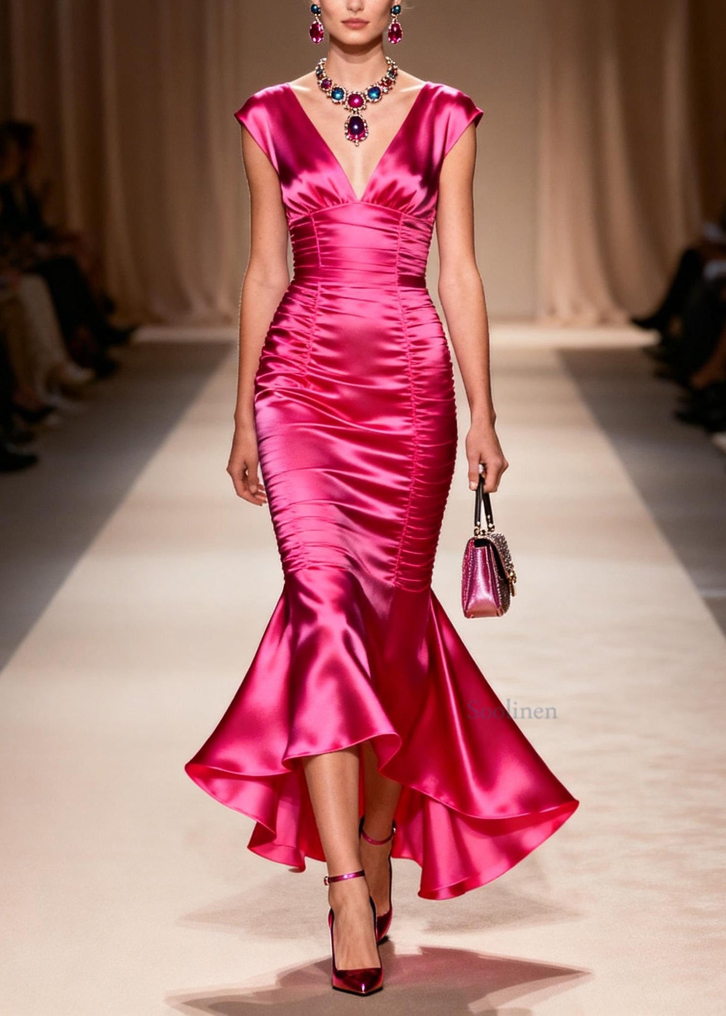 Italian Rose V Neck Ruffled Patchwork Silk Dresses Summer