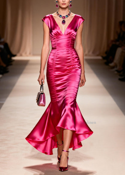 Italian Rose V Neck Ruffled Patchwork Silk Dresses Summer
