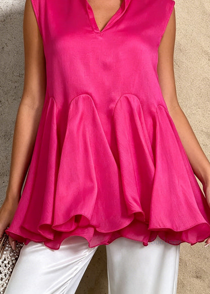 Italian Rose V Neck Wrinkled Patchwork Silk Top Sleeveless