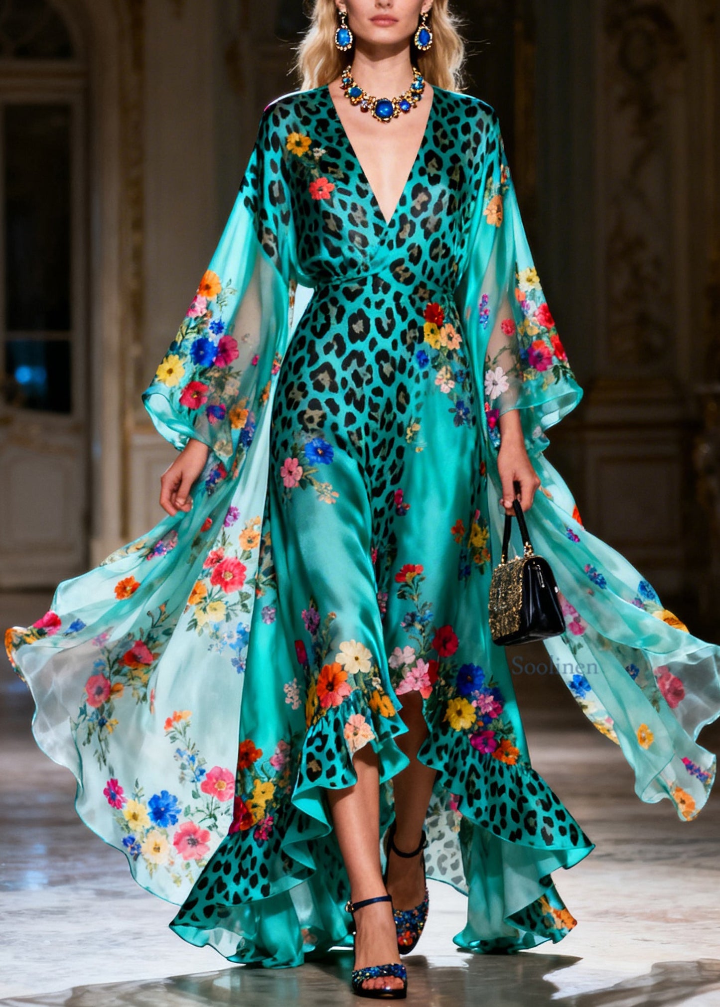 Italian Ruffled Asymmetrical Design Print Silk Ankle Dress Summer