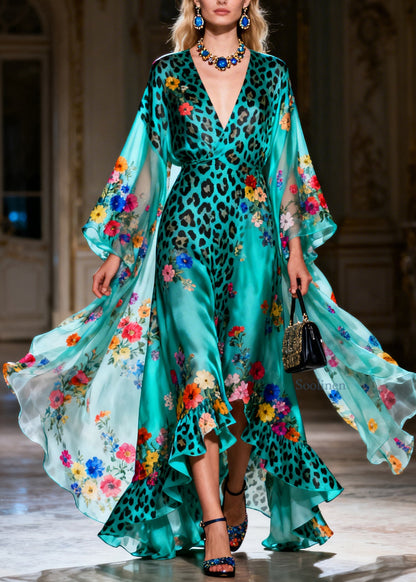 Italian Ruffled Asymmetrical Design Print Silk Ankle Dress Summer