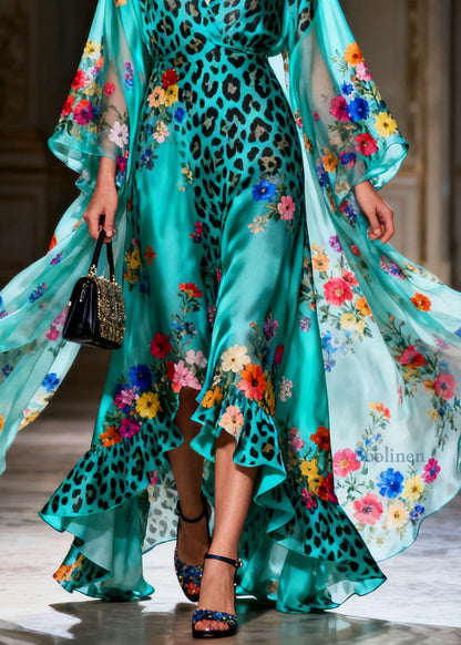 Italian Ruffled Asymmetrical Design Print Silk Ankle Dress Summer
