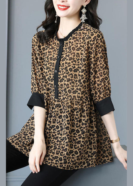 Italienisches Patchwork-Hemd mit Rüschen und Leopardenmuster, halbe Ärmel
