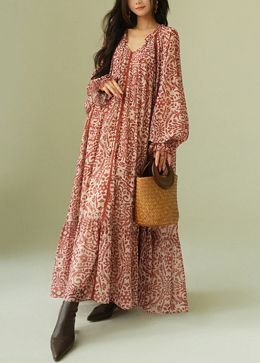 Vestido largo de algodón con cordones y estampado italiano con volantes para primavera