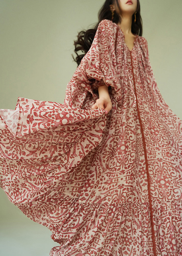 Vestido largo de algodón con cordones y estampado italiano con volantes para primavera