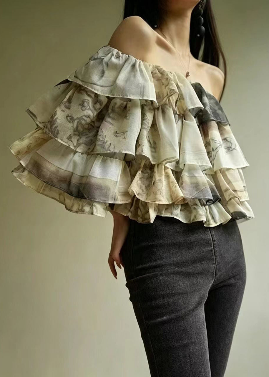 Italian Slash Neck Layered Print Chiffon Blouse Tops Summer