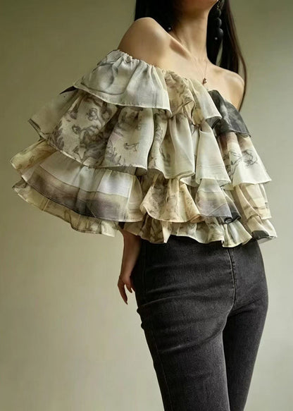 Italian Slash Neck Layered Print Chiffon Blouse Tops Summer