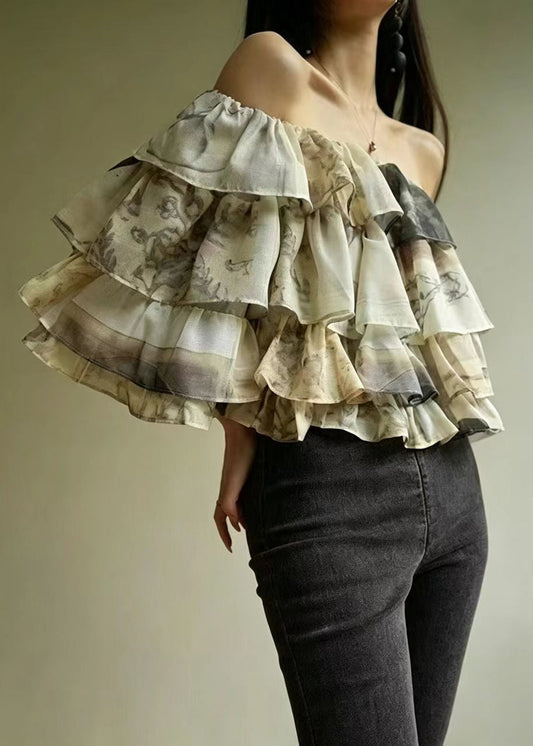 Italian Slash Neck Layered Print Chiffon Blouse Tops Summer