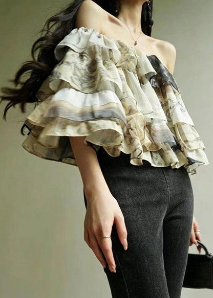 Italian Slash Neck Layered Print Chiffon Blouse Tops Summer