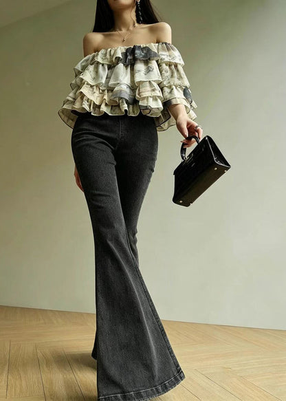 Italian Slash Neck Layered Print Chiffon Blouse Tops Summer