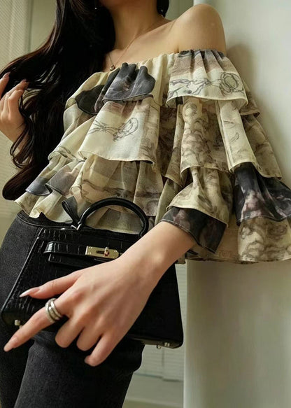 Italian Slash Neck Layered Print Chiffon Blouse Tops Summer