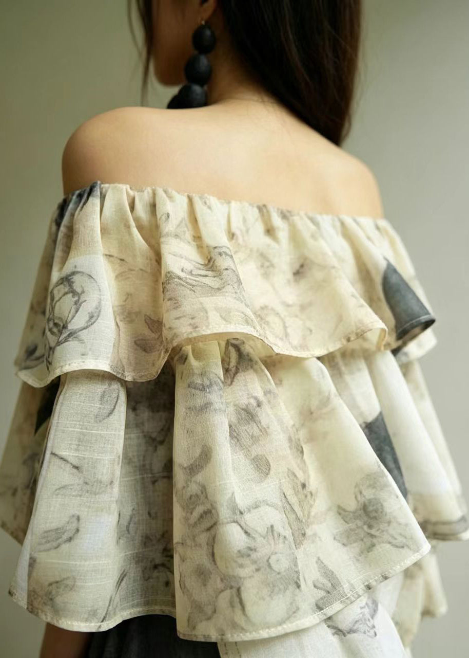 Italian Slash Neck Layered Print Chiffon Blouse Tops Summer