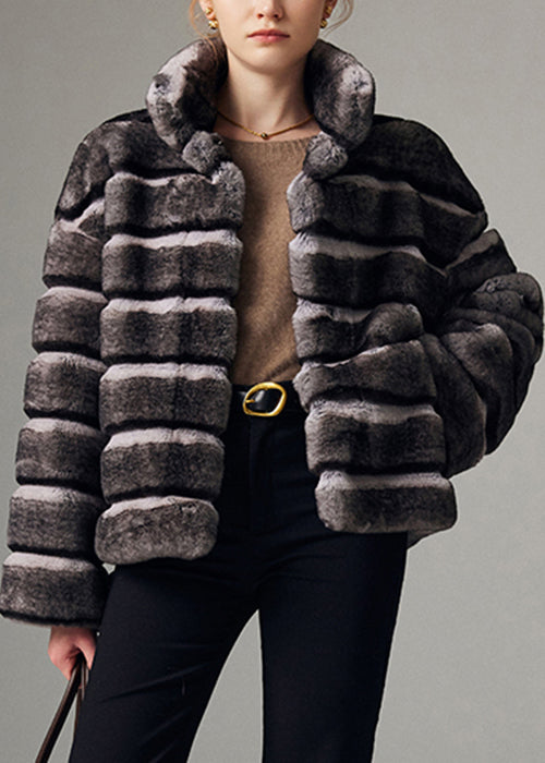 Italienischer gestreifter Stehkragenmantel aus Leder und Pelz mit Taschen, Winter