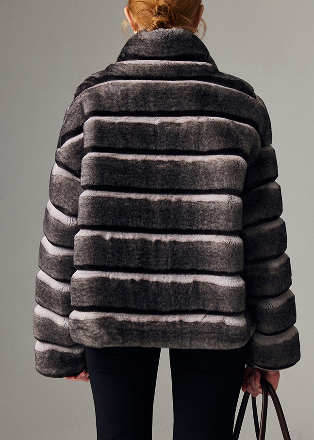 Italienischer gestreifter Stehkragenmantel aus Leder und Pelz mit Taschen, Winter