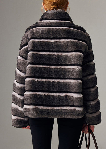 Italienischer gestreifter Stehkragenmantel aus Leder und Pelz mit Taschen, Winter