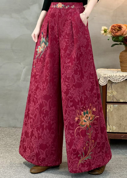 Italienische teegrüne, bestickte Jacquard-Fleecehose mit weitem Bein, warm, warm, Winter