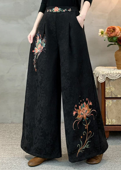 Italienische teegrüne, bestickte Jacquard-Fleecehose mit weitem Bein, warm, warm, Winter