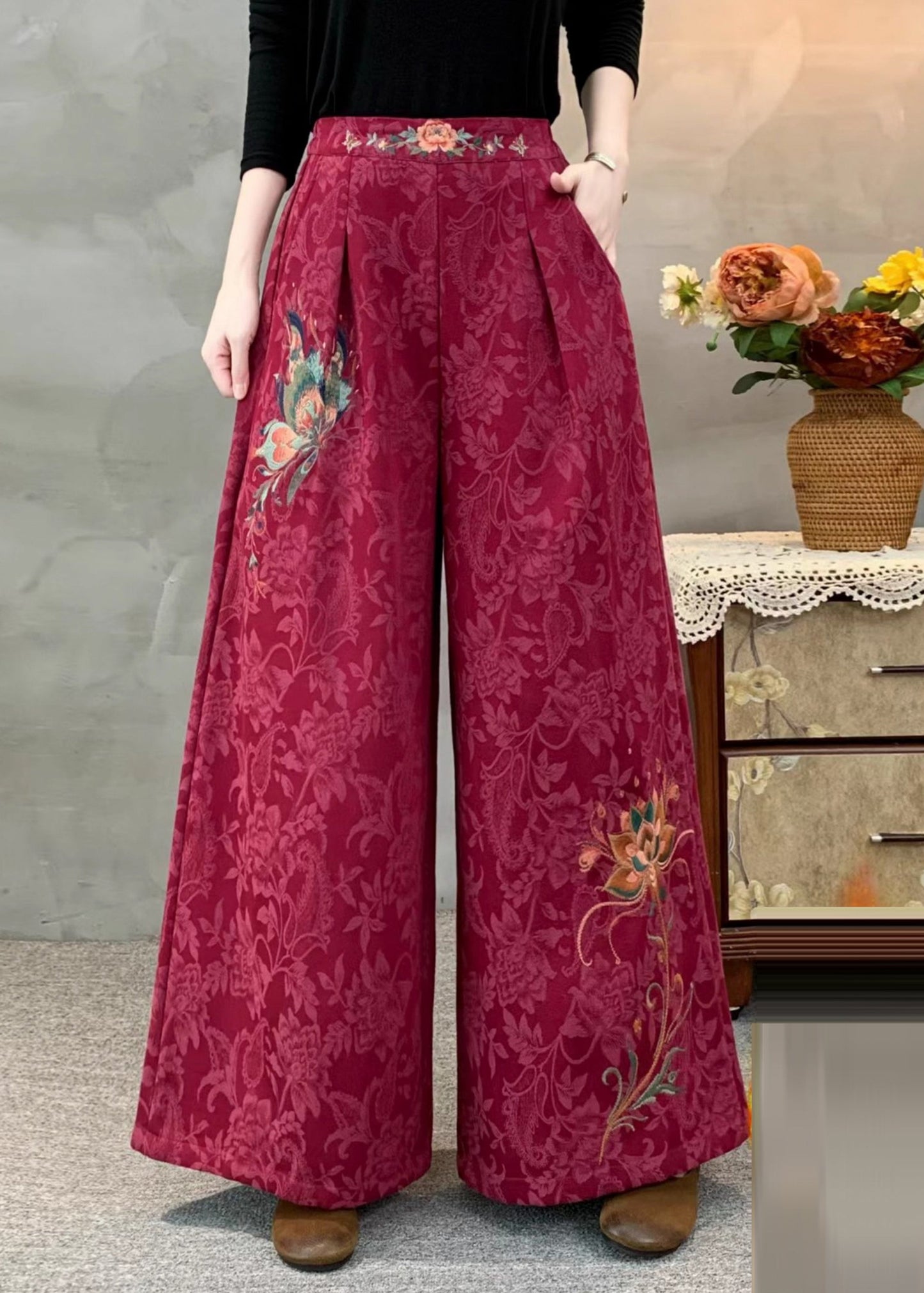 Italienische teegrüne, bestickte Jacquard-Fleecehose mit weitem Bein, warm, warm, Winter