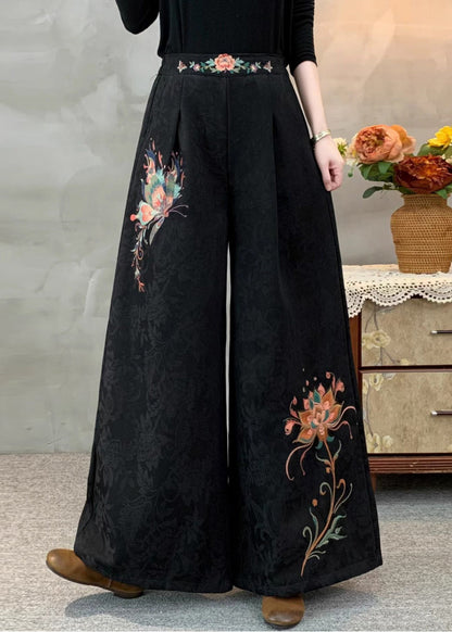 Italienische teegrüne, bestickte Jacquard-Fleecehose mit weitem Bein, warm, warm, Winter