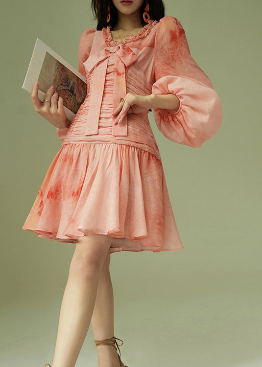 Italienisches Batik-Baumwollkleid mit Rüschen, Schleife und Puffärmeln